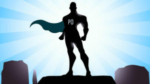 imagem dono do produto super heroi - sombra de um homem com uma capa e a sigla "PO" no peito. Fundo azul com brilho reluzente