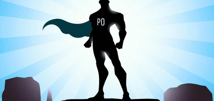 imagem dono do produto super heroi - sombra de um homem com uma capa e a sigla "PO" no peito. Fundo azul com brilho reluzente