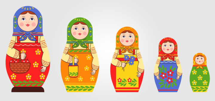 imagem com 5 bonecas uma maior que a outra mostrando evolução