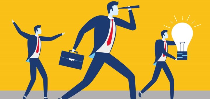 Imagem vetorizada com 3 homens de negócio segurando mala e uma lâmpada