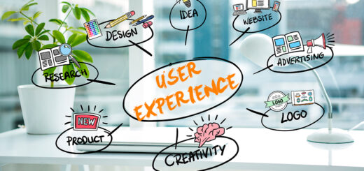 imagem de escritório com diversos balões descritivos de designer escrito "User Exeperience" no centro