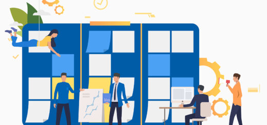 quadro com diversos post-its colados e pessoas interagindo - desenho vetorizado