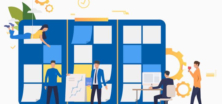 quadro com diversos post-its colados e pessoas interagindo - desenho vetorizado