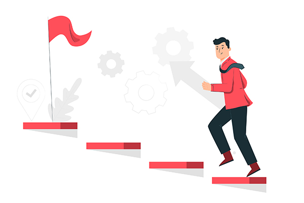 imagem vetorizada de Product Owner subindo alguns degraus vermelhos em rumo a um objetivo (Startup) marcado por uma bandeira