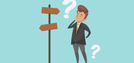 imagem vetorizada com fundo azul. Homem em duvida e placas com 2 sentidos diferentes