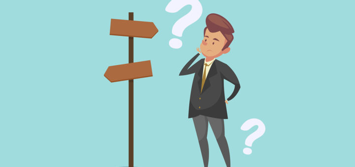 imagem vetorizada com fundo azul. Homem em duvida e placas com 2 sentidos diferentes