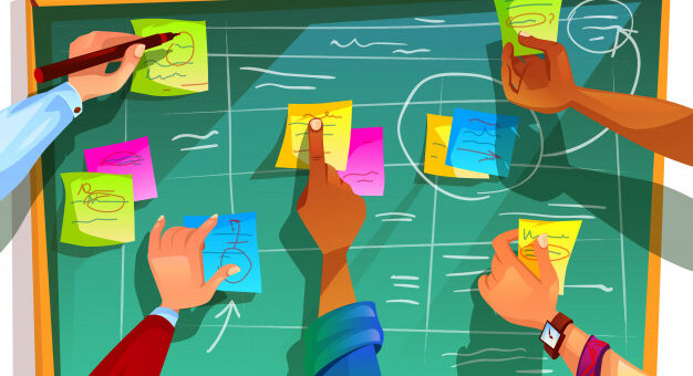 imagem vetorizada com diversas mãos incluindo e preenchendo postits em uma lousa verde