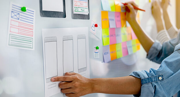 Backlog do Produto - Quadro branco com diversos postits e folhas com desenhos. Aparece uma mão com apontando para uma folha de protótipos e a outra preenche um card dos postits