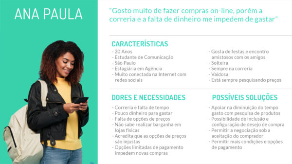 Texto "Ana Paula" com fundo verde claro. Estudante preta com uma mochila e mexendo no celular. À direita, espaço em branco com as informações de Características, Dores & Necessidades e Possíveis Soluções