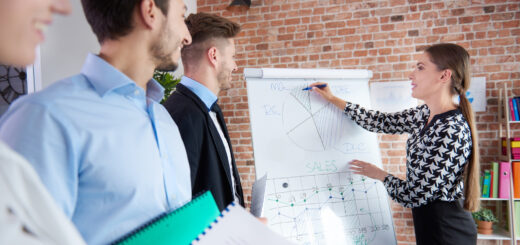 Product manager mulher apresentando as informações no flip board