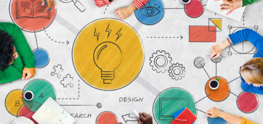 Imagem visualizada por cima diversos membros do time de Product Discovery ao redor da mesa com desenhos de ideias, gráficos e direcionamento
