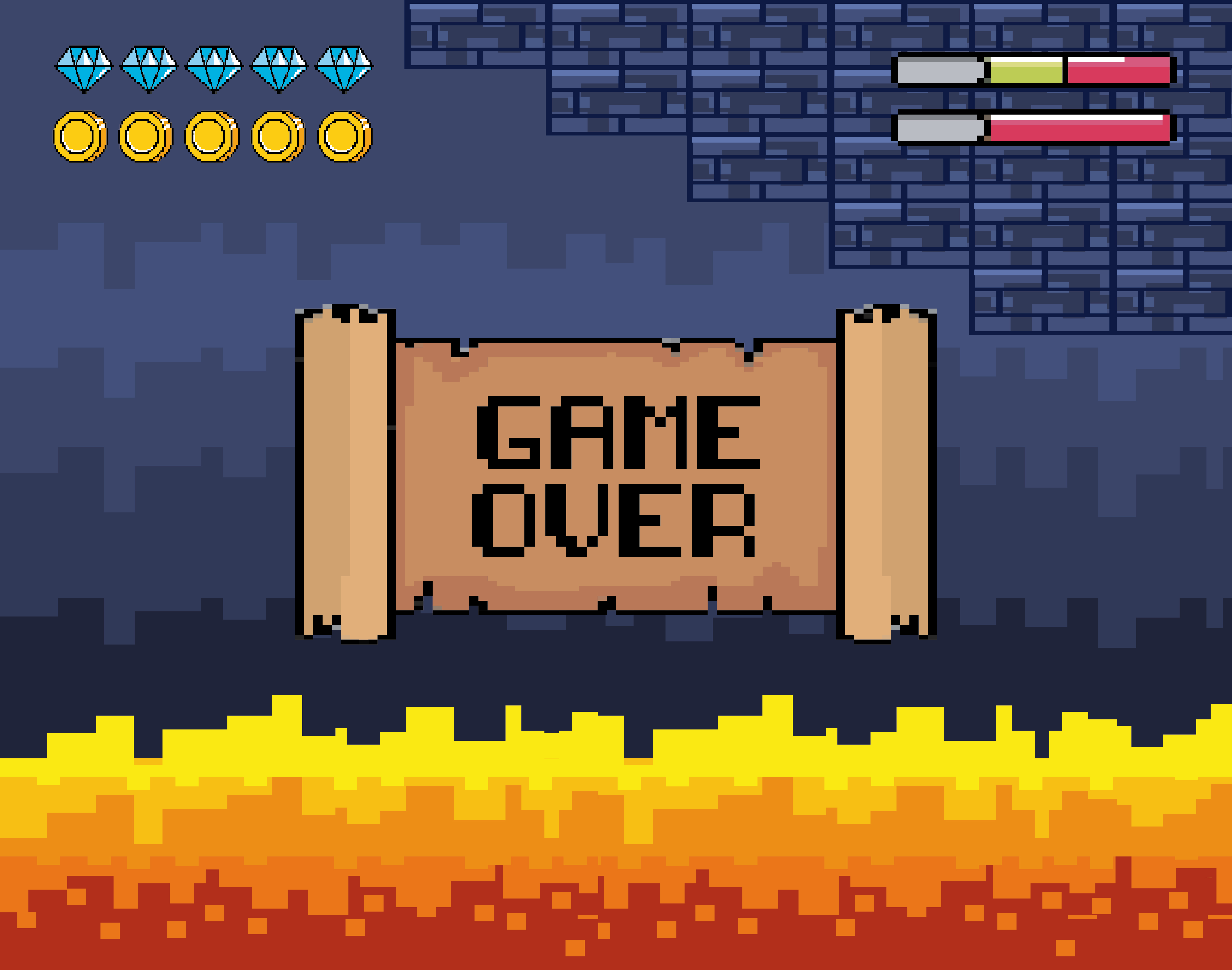 Imagem de video game com fundo azul. À esquerda superior algumas moedas e barra de vida à direita. Escrita em pergaminho no centro "GAME OVER"