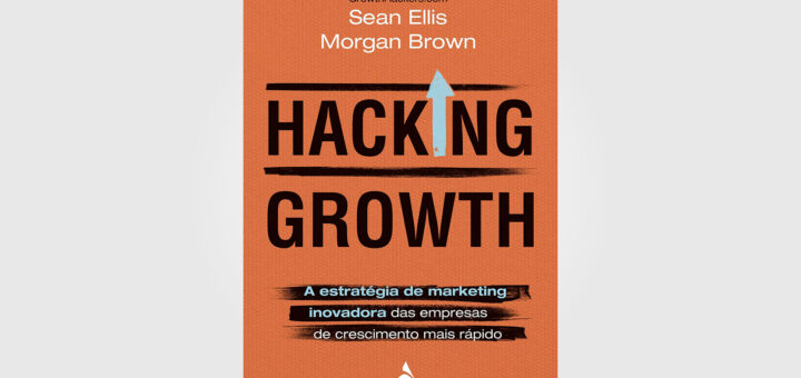Fundo cinza com a capa marrom do Livro escrito Hacking Growth